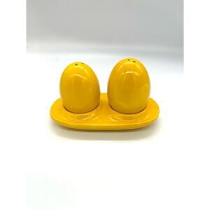 MCM Viking Yellow Egg Shaped Salt & Pepper Shakers & Underplate Carton Japan